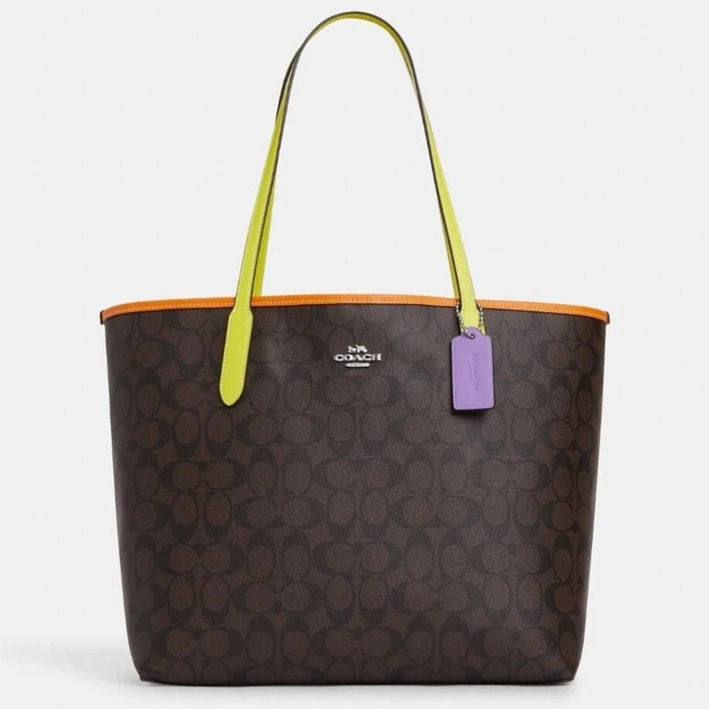 NWT Coach City Tote In Colorblock Signature Canvas Purple YELLOW Orange